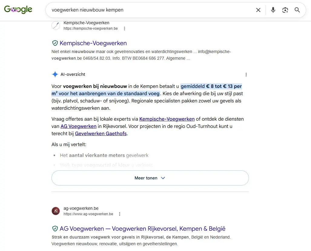 AG Voegwerken vermeld in Google's AI Overview op de eerste pagina