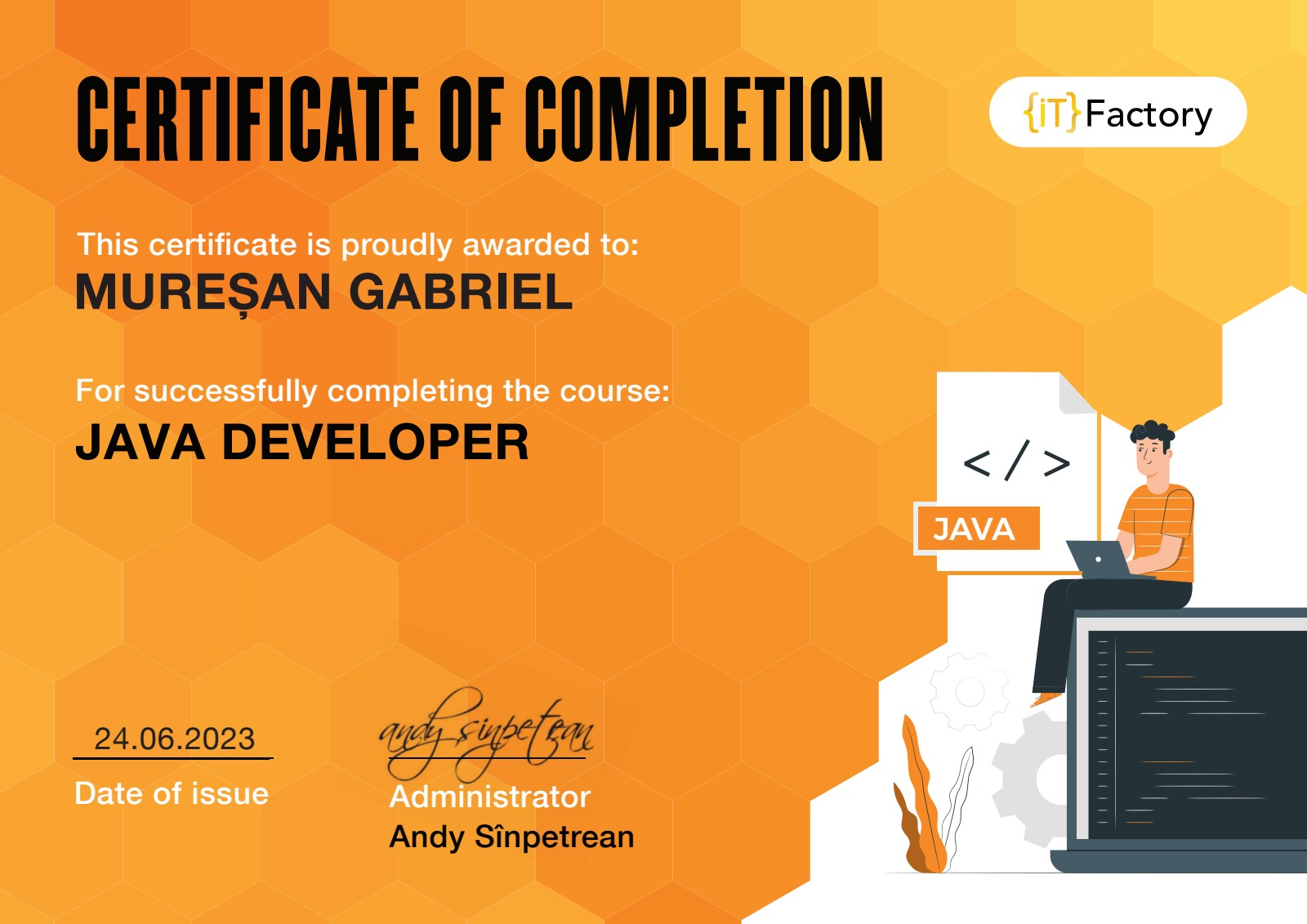 Certificaat: Java Developer van IT Factory