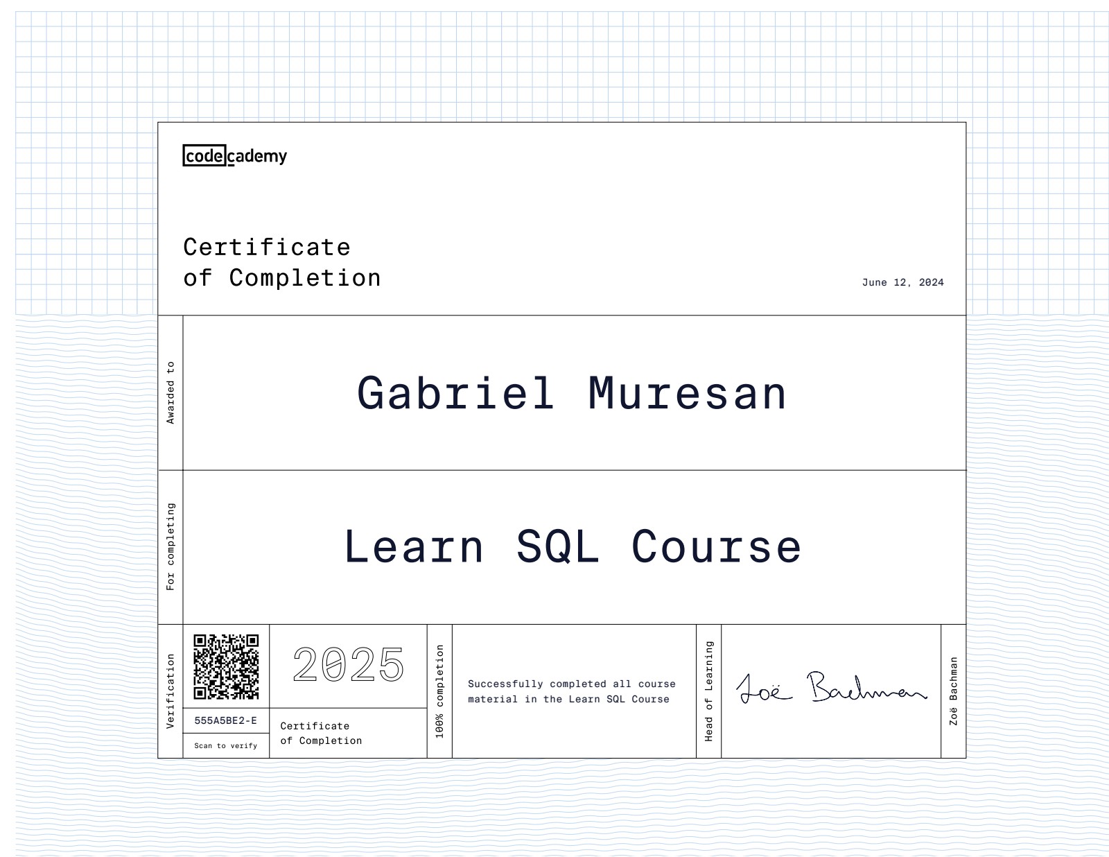 Certificaat: Learn SQL Course van Codecademy