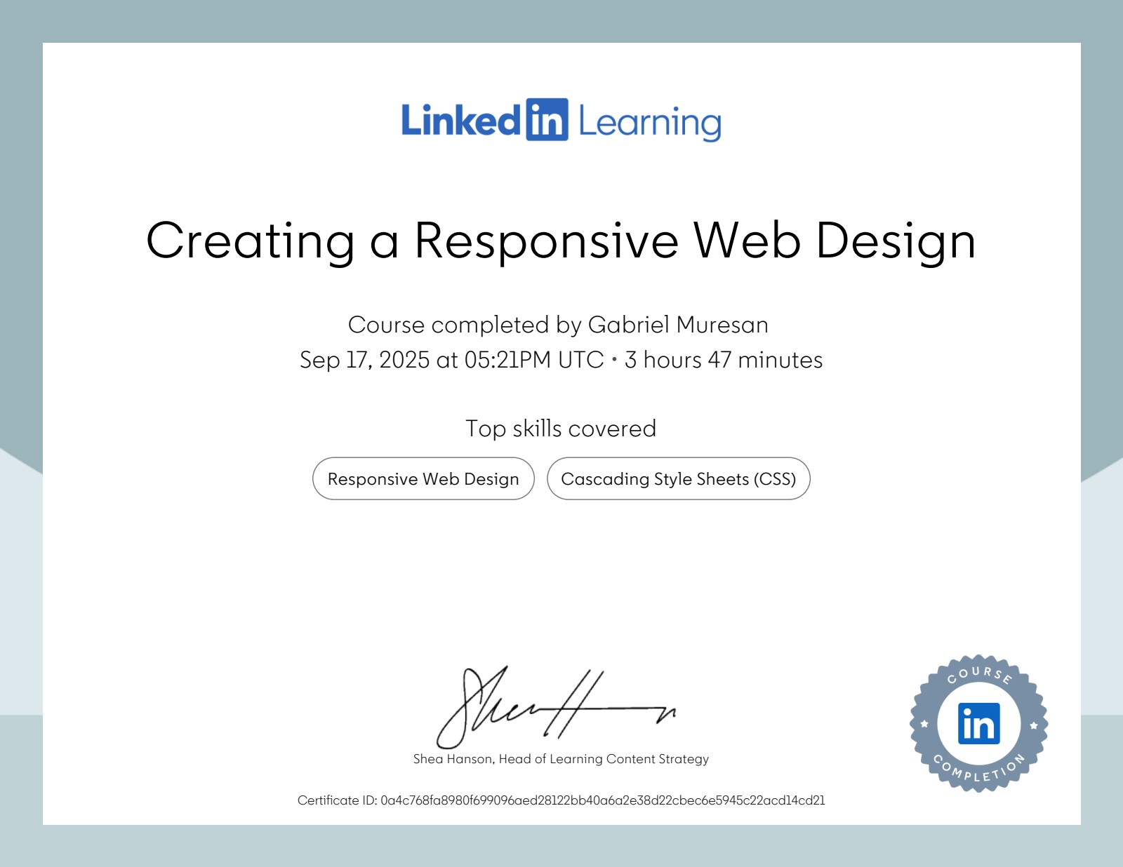 Certificaat: Creating a Responsive Web Design van LinkedIn Learning