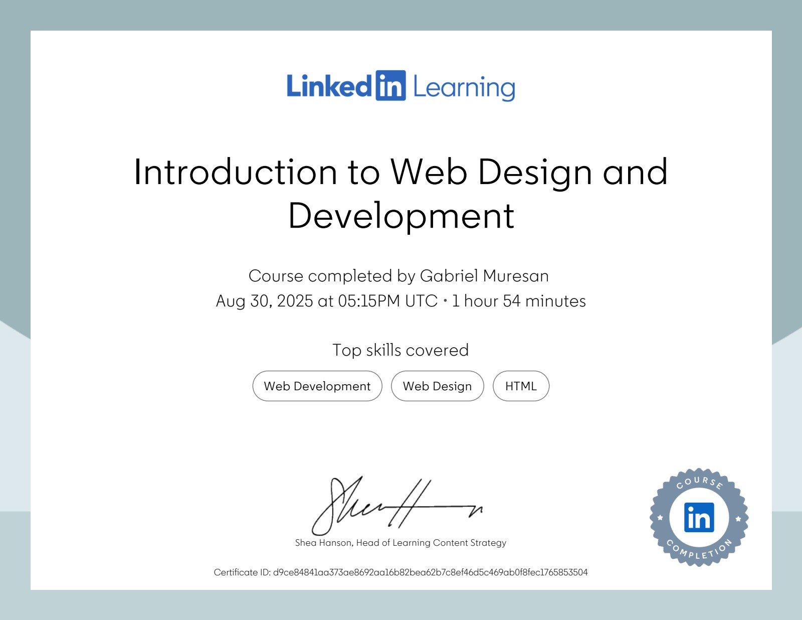 Certificaat: Introduction to Web Design and Development van LinkedIn Learning