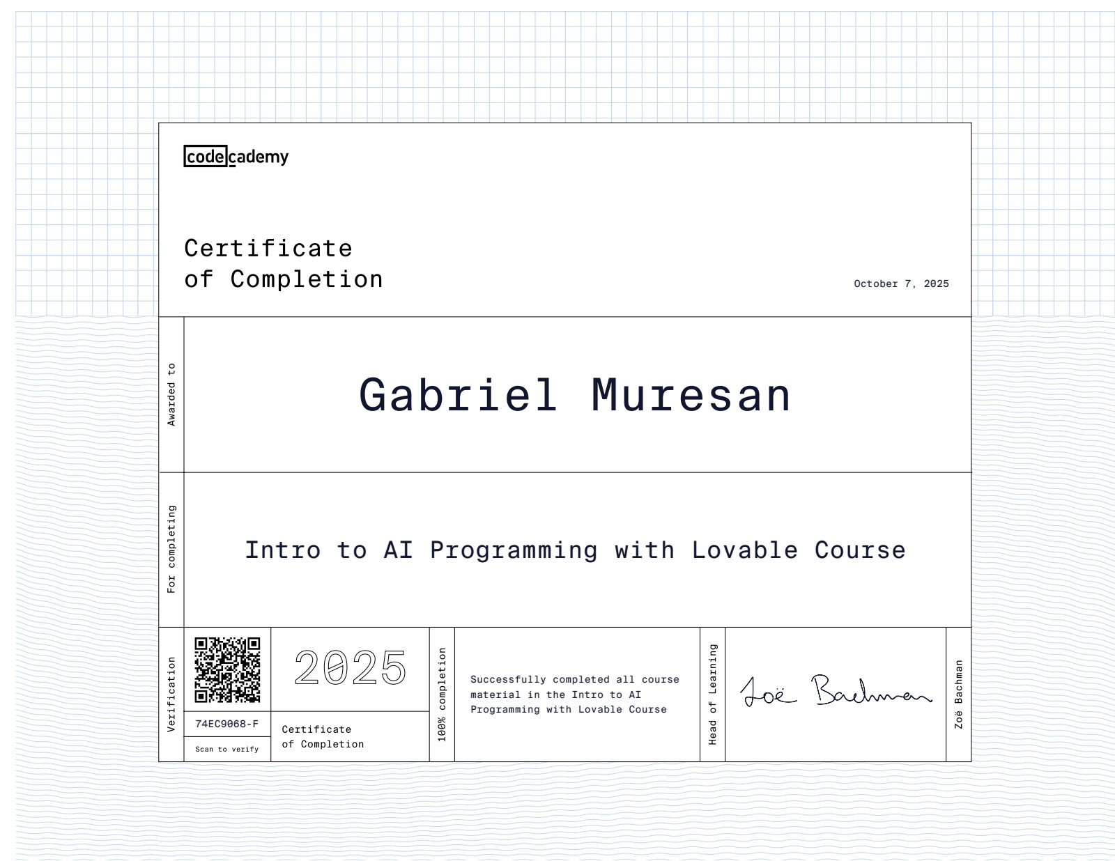Certificaat: Intro to AI Programming with Lovable van Codecademy