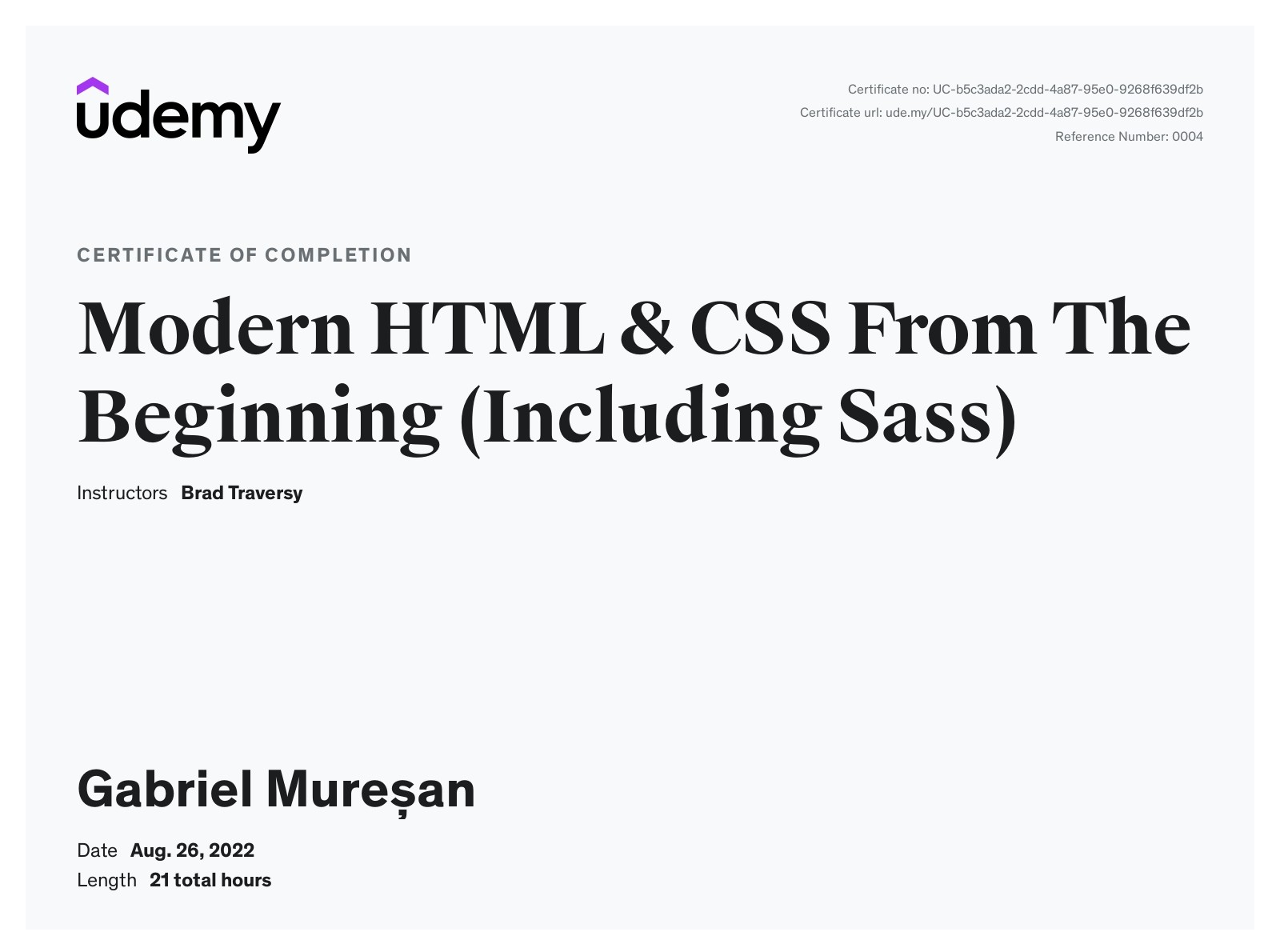 Certificaat: Modern HTML & CSS From The Beginning (Including Sass) van Udemy