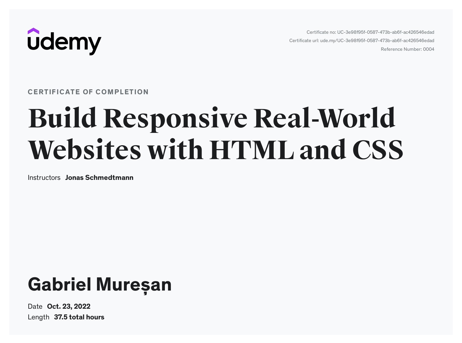 Certificaat: Build Responsive Real-World Websites with HTML and CSS van Udemy